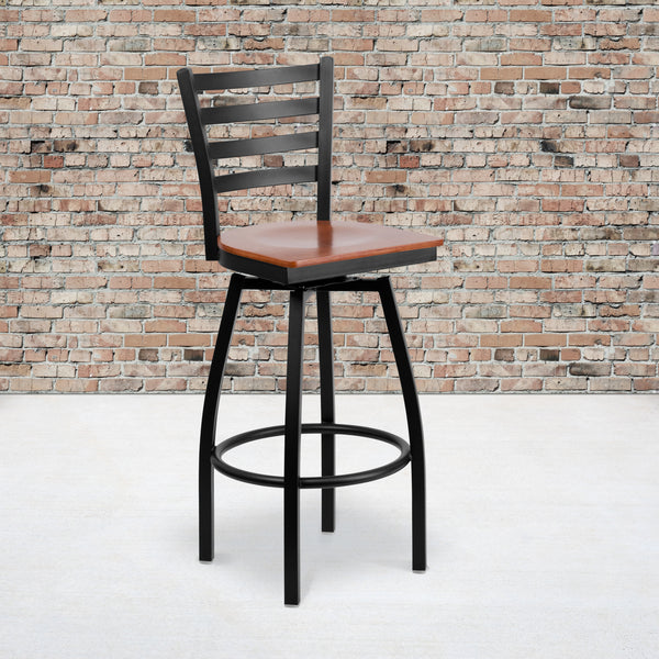 SINGLEWAVE Series Black Ladder Back Swivel Metal Barstool - Cherry Wood Seat