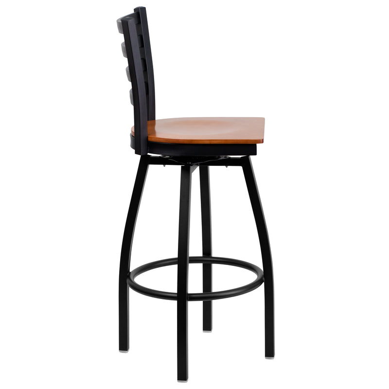 SINGLEWAVE Series Black Ladder Back Swivel Metal Barstool - Cherry Wood Seat