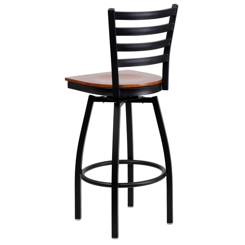 SINGLEWAVE Series Black Ladder Back Swivel Metal Barstool - Cherry Wood Seat