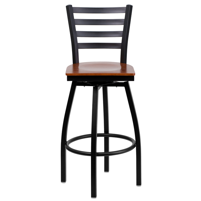 SINGLEWAVE Series Black Ladder Back Swivel Metal Barstool - Cherry Wood Seat