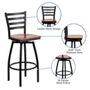 SINGLEWAVE Series Black Ladder Back Swivel Metal Barstool - Cherry Wood Seat