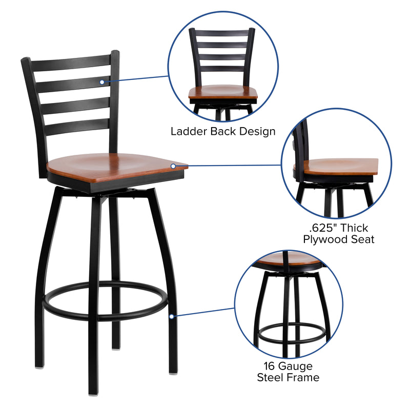 SINGLEWAVE Series Black Ladder Back Swivel Metal Barstool - Cherry Wood Seat