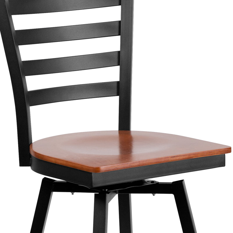 SINGLEWAVE Series Black Ladder Back Swivel Metal Barstool - Cherry Wood Seat