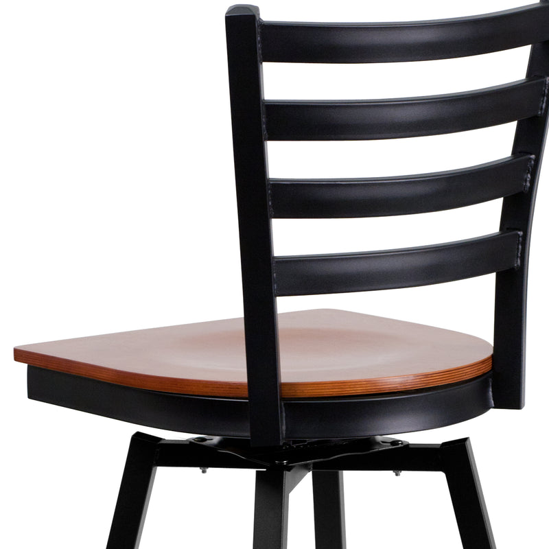 SINGLEWAVE Series Black Ladder Back Swivel Metal Barstool - Cherry Wood Seat