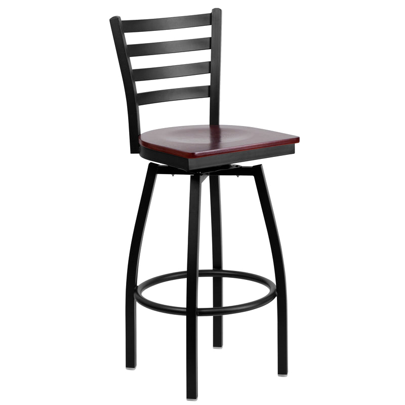 SINGLEWAVE Series Black Ladder Back Swivel Metal Barstool - Mahogany Wood Seat