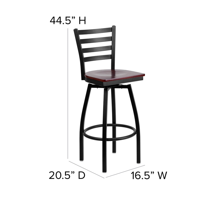 SINGLEWAVE Series Black Ladder Back Swivel Metal Barstool - Mahogany Wood Seat