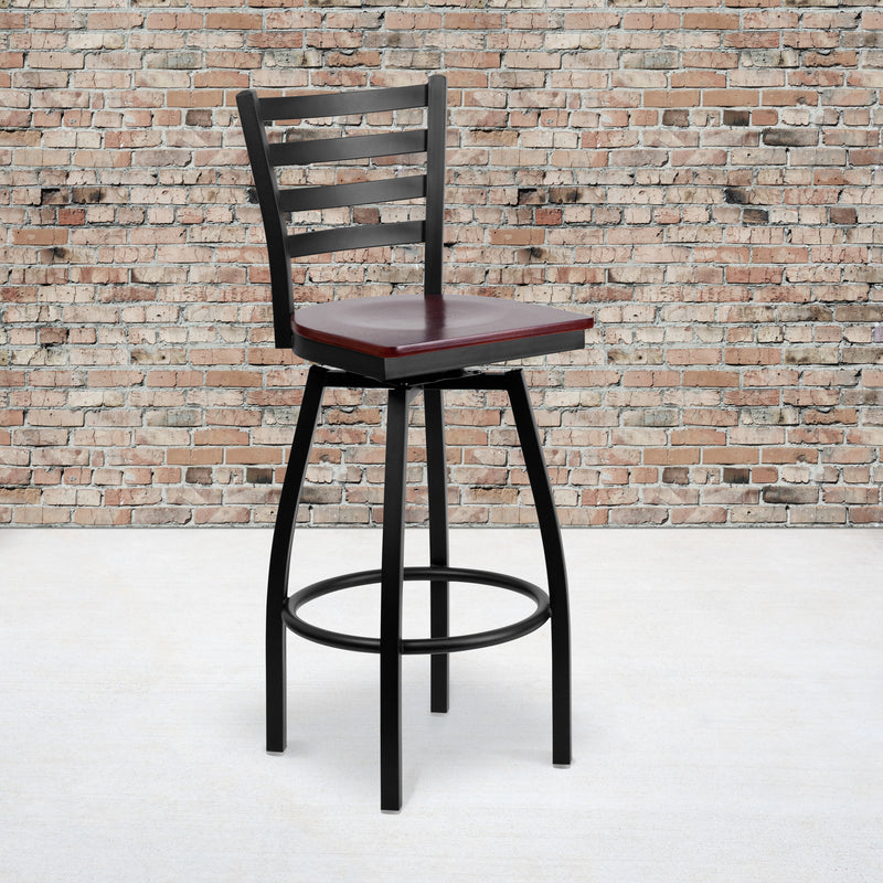 SINGLEWAVE Series Black Ladder Back Swivel Metal Barstool - Mahogany Wood Seat