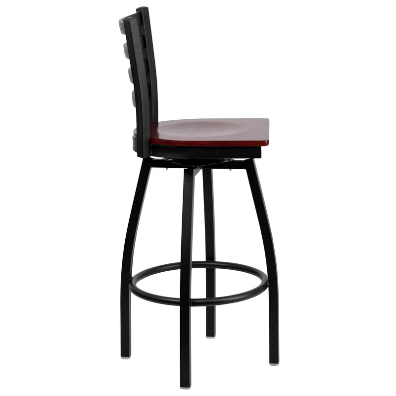 SINGLEWAVE Series Black Ladder Back Swivel Metal Barstool - Mahogany Wood Seat