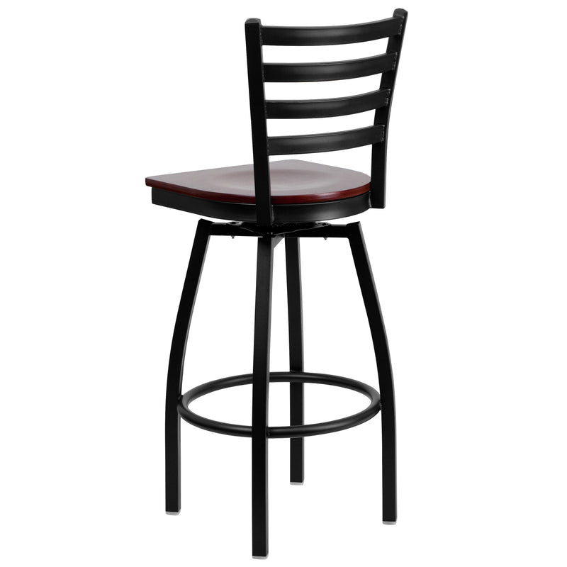 SINGLEWAVE Series Black Ladder Back Swivel Metal Barstool - Mahogany Wood Seat