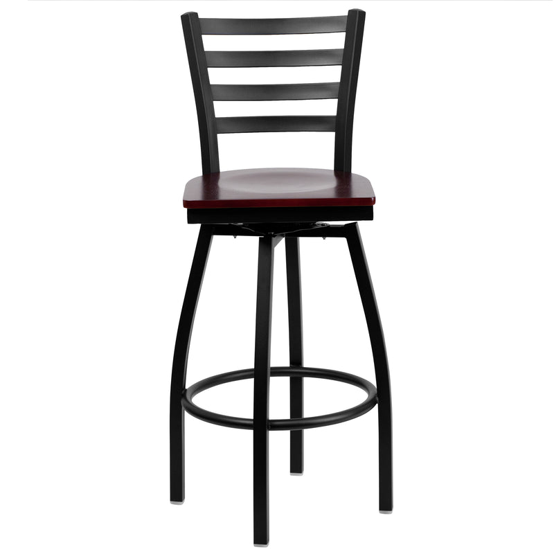 SINGLEWAVE Series Black Ladder Back Swivel Metal Barstool - Mahogany Wood Seat