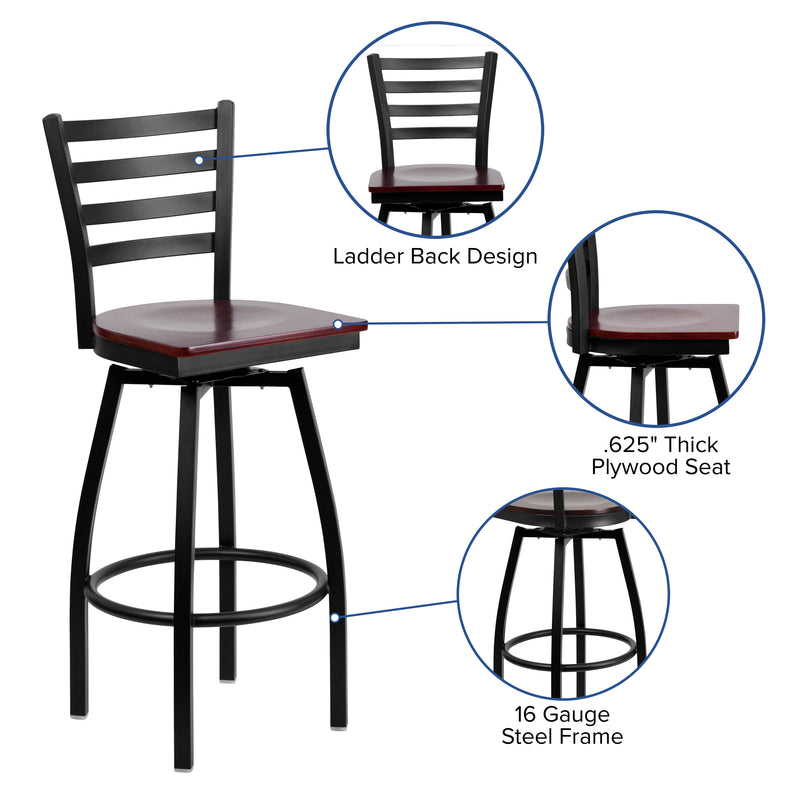 SINGLEWAVE Series Black Ladder Back Swivel Metal Barstool - Mahogany Wood Seat