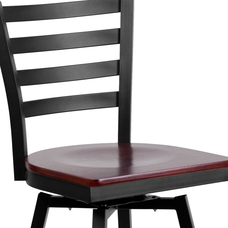 SINGLEWAVE Series Black Ladder Back Swivel Metal Barstool - Mahogany Wood Seat