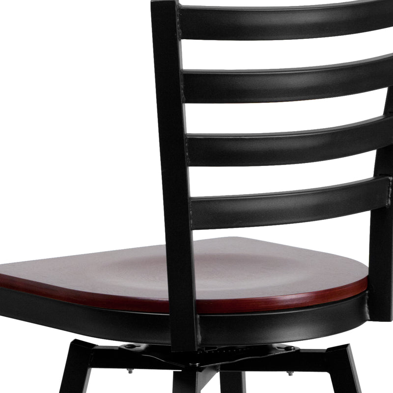 SINGLEWAVE Series Black Ladder Back Swivel Metal Barstool - Mahogany Wood Seat