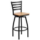 SINGLEWAVE Series Black Ladder Back Swivel Metal Barstool - Natural Wood Seat