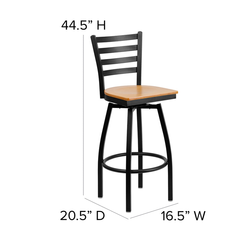 SINGLEWAVE Series Black Ladder Back Swivel Metal Barstool - Natural Wood Seat