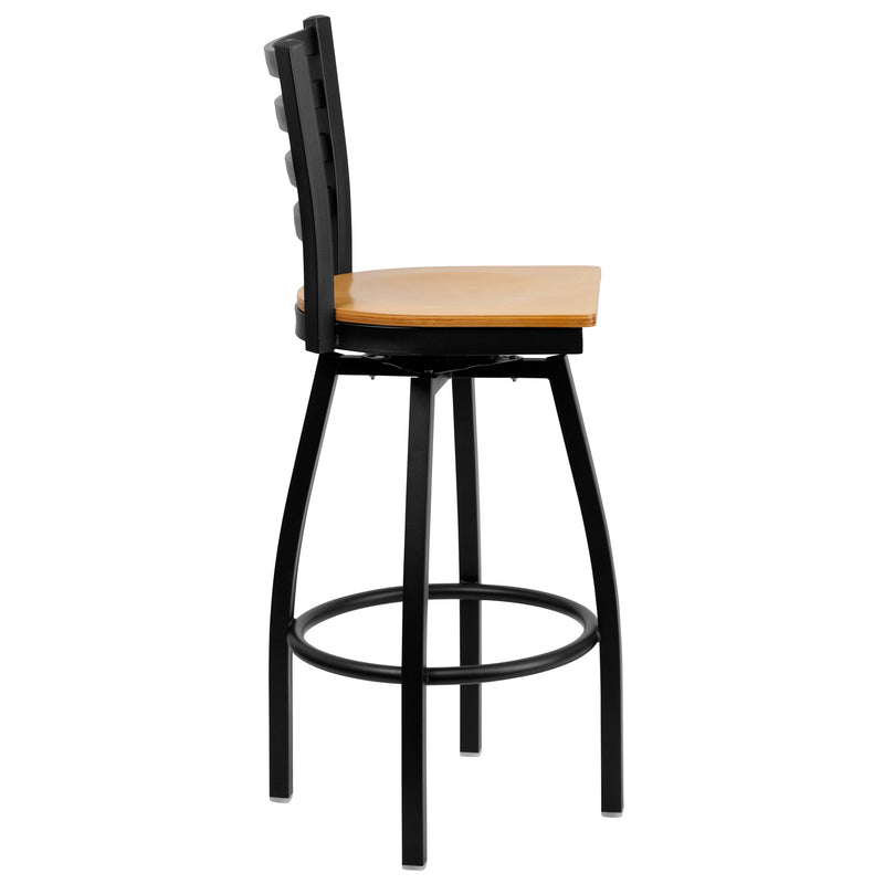 SINGLEWAVE Series Black Ladder Back Swivel Metal Barstool - Natural Wood Seat