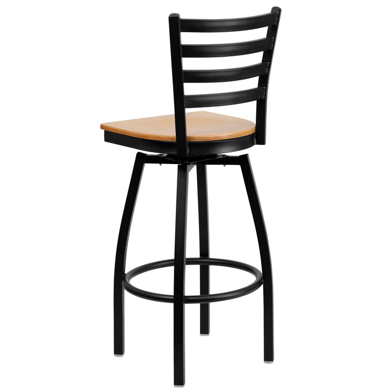 SINGLEWAVE Series Black Ladder Back Swivel Metal Barstool - Natural Wood Seat