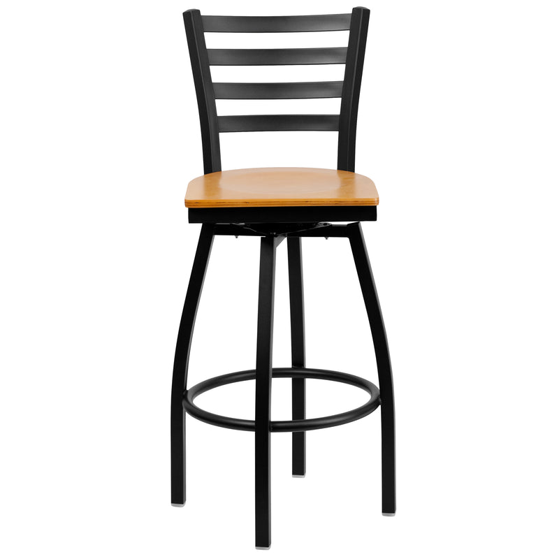 SINGLEWAVE Series Black Ladder Back Swivel Metal Barstool - Natural Wood Seat