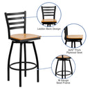 SINGLEWAVE Series Black Ladder Back Swivel Metal Barstool - Natural Wood Seat