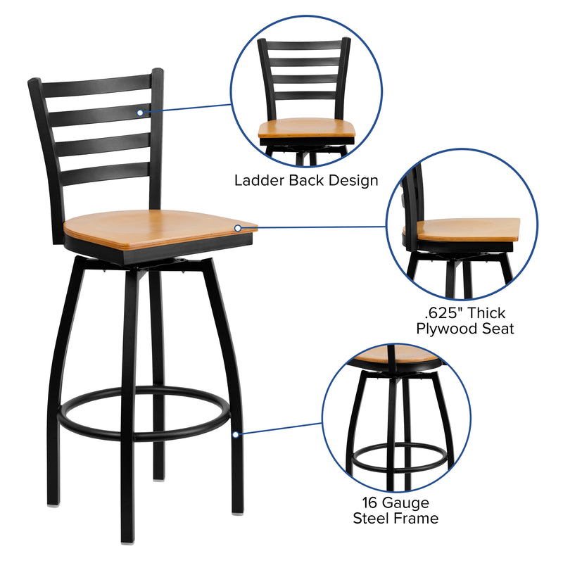 SINGLEWAVE Series Black Ladder Back Swivel Metal Barstool - Natural Wood Seat