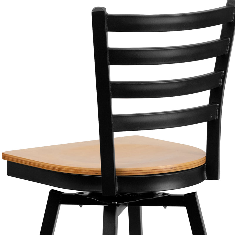 SINGLEWAVE Series Black Ladder Back Swivel Metal Barstool - Natural Wood Seat