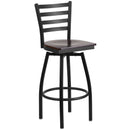 SINGLEWAVE Series Black Ladder Back Swivel Metal Barstool - Walnut Wood Seat