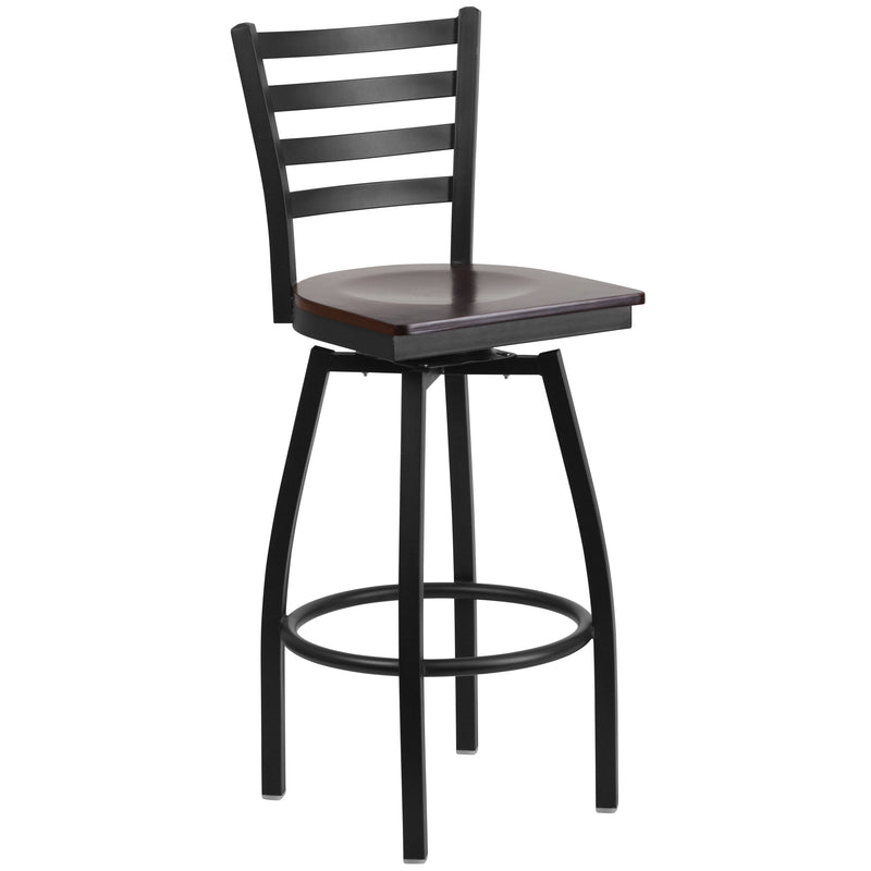 SINGLEWAVE Series Black Ladder Back Swivel Metal Barstool - Walnut Wood Seat