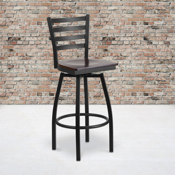 SINGLEWAVE Series Black Ladder Back Swivel Metal Barstool - Walnut Wood Seat