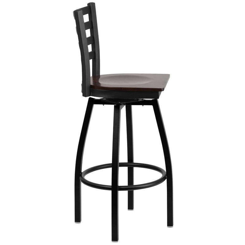 SINGLEWAVE Series Black Ladder Back Swivel Metal Barstool - Walnut Wood Seat