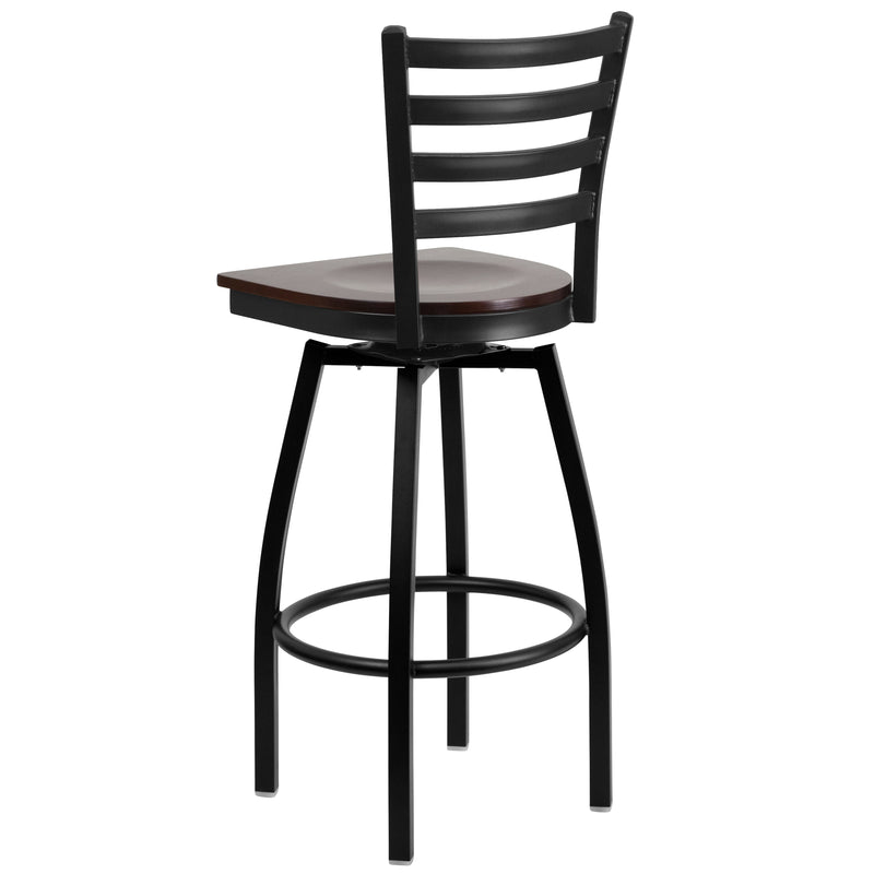 SINGLEWAVE Series Black Ladder Back Swivel Metal Barstool - Walnut Wood Seat