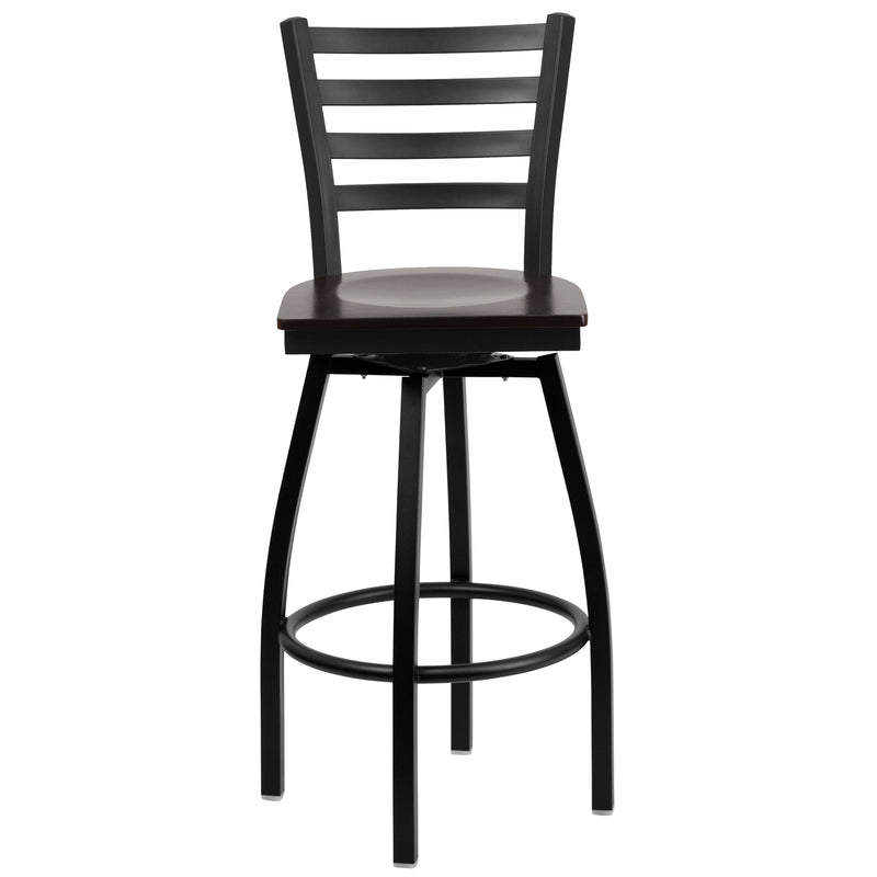 SINGLEWAVE Series Black Ladder Back Swivel Metal Barstool - Walnut Wood Seat