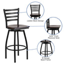 SINGLEWAVE Series Black Ladder Back Swivel Metal Barstool - Walnut Wood Seat