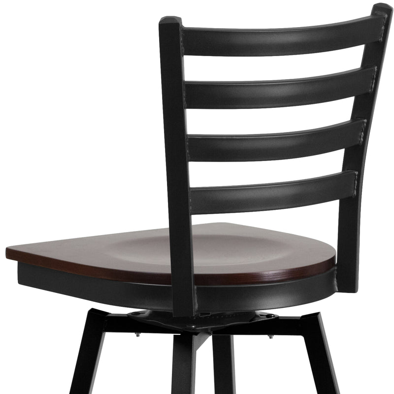 SINGLEWAVE Series Black Ladder Back Swivel Metal Barstool - Walnut Wood Seat