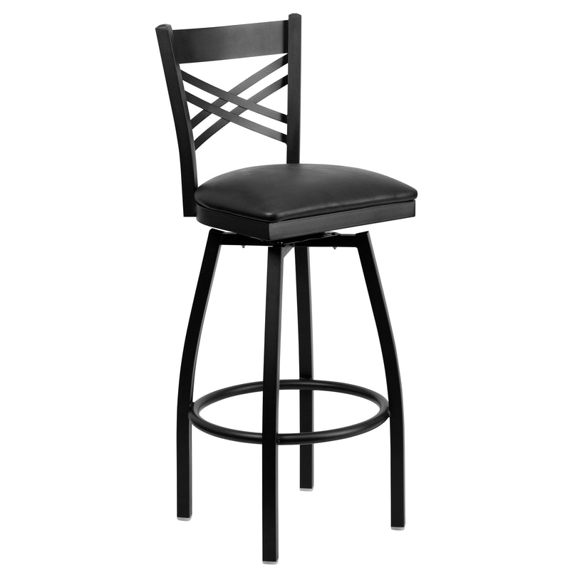 SINGLEWAVE Series Black ''X'' Back Swivel Metal Barstool - Black Vinyl Seat