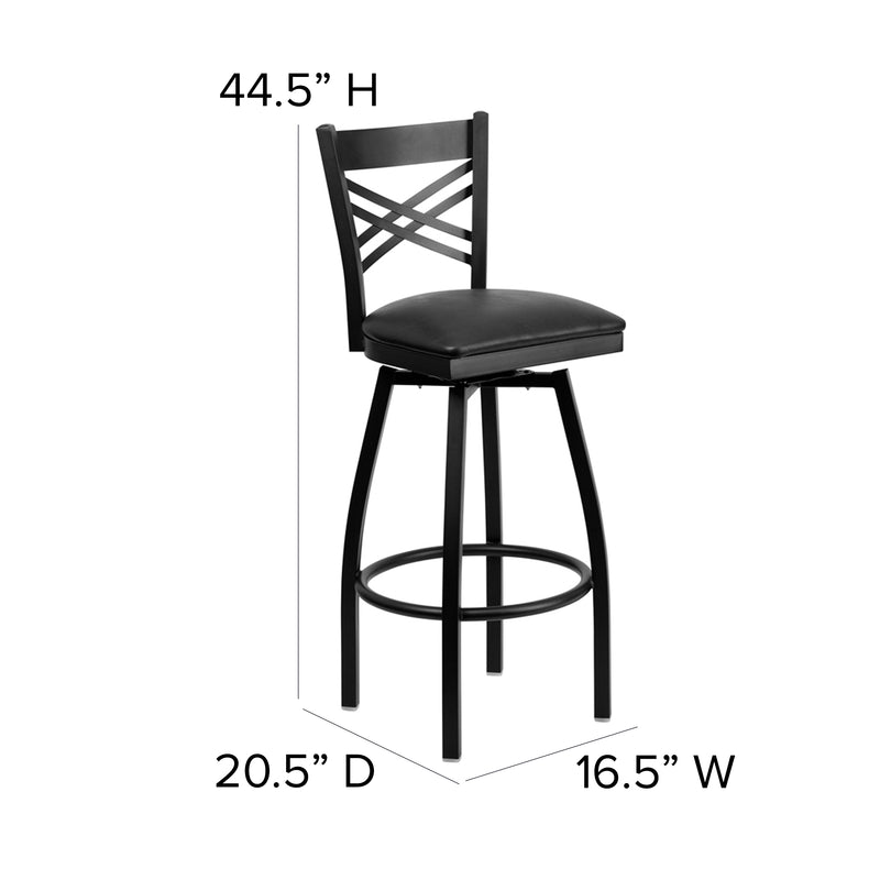 SINGLEWAVE Series Black ''X'' Back Swivel Metal Barstool - Black Vinyl Seat