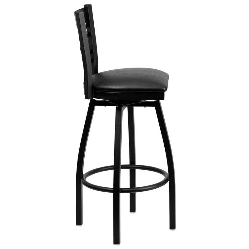 SINGLEWAVE Series Black ''X'' Back Swivel Metal Barstool - Black Vinyl Seat