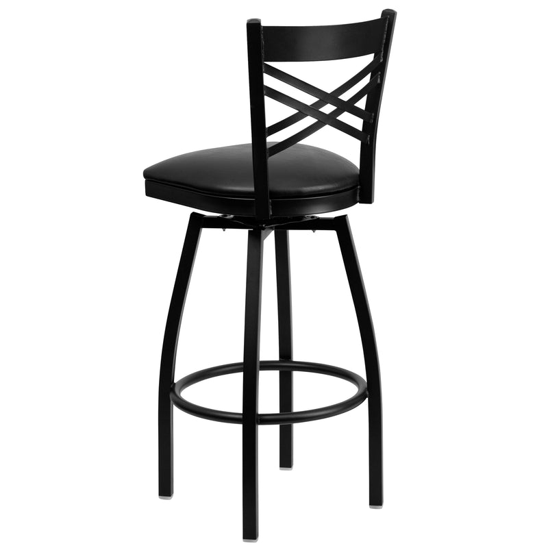 SINGLEWAVE Series Black ''X'' Back Swivel Metal Barstool - Black Vinyl Seat