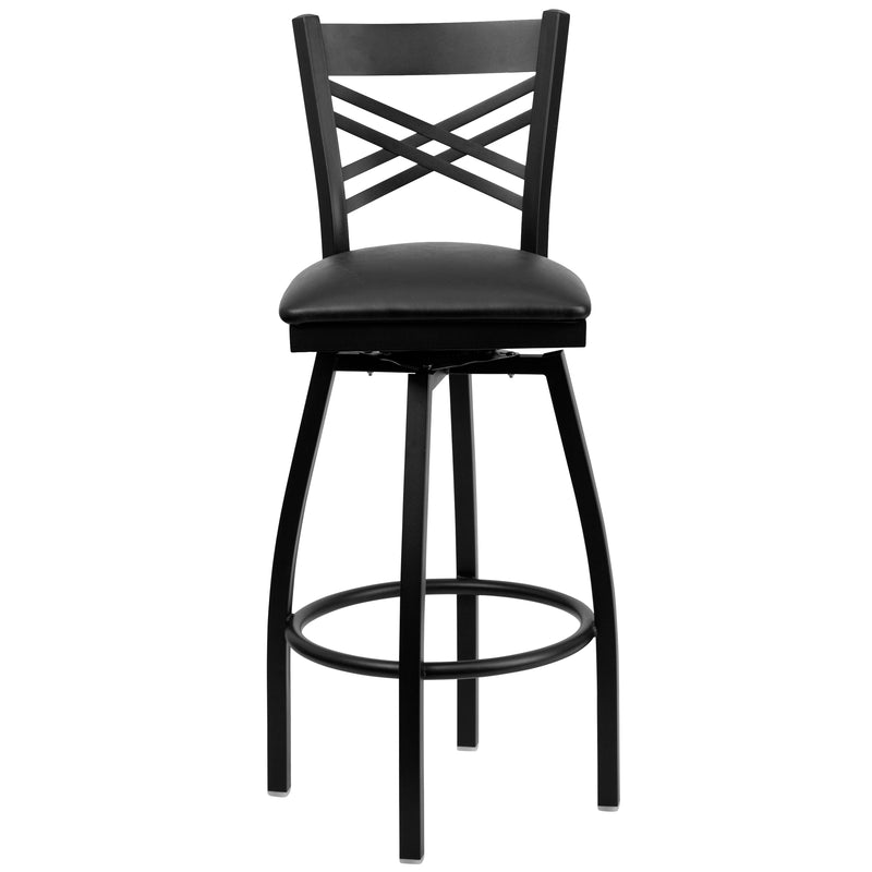 SINGLEWAVE Series Black ''X'' Back Swivel Metal Barstool - Black Vinyl Seat