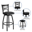 SINGLEWAVE Series Black ''X'' Back Swivel Metal Barstool - Black Vinyl Seat