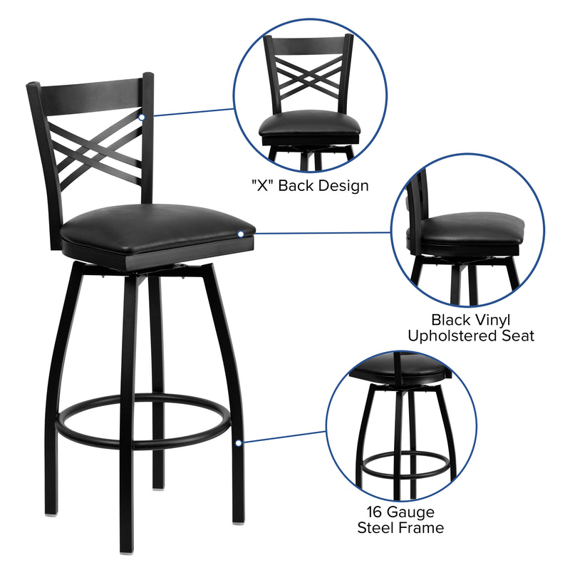 SINGLEWAVE Series Black ''X'' Back Swivel Metal Barstool - Black Vinyl Seat