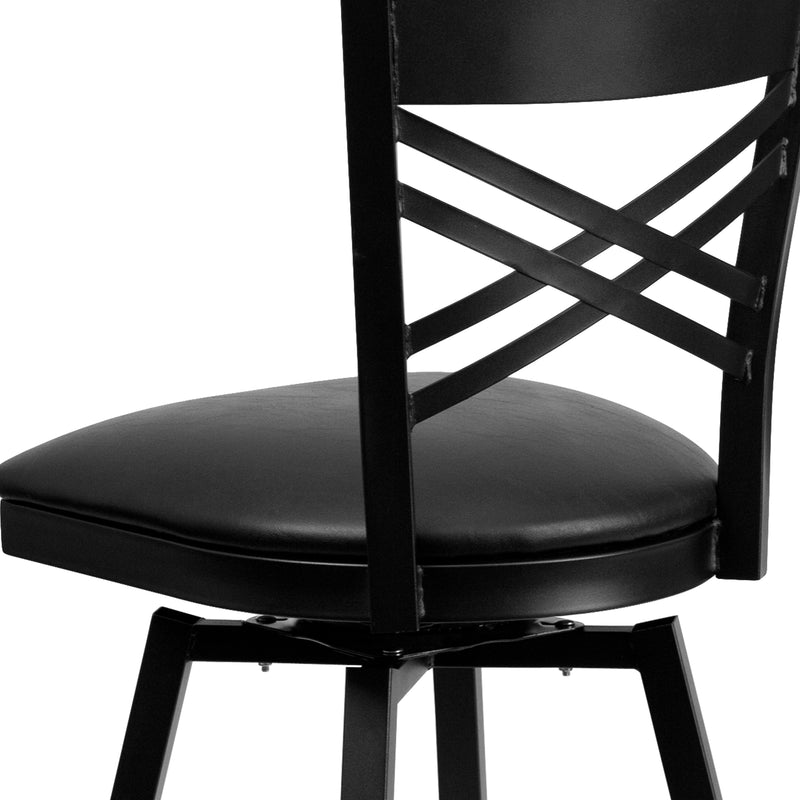 SINGLEWAVE Series Black ''X'' Back Swivel Metal Barstool - Black Vinyl Seat