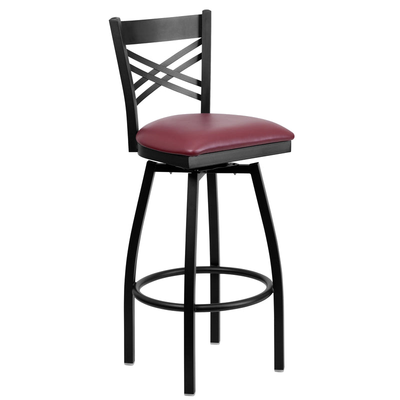 SINGLEWAVE Series Black ''X'' Back Swivel Metal Barstool - Burgundy Vinyl Seat