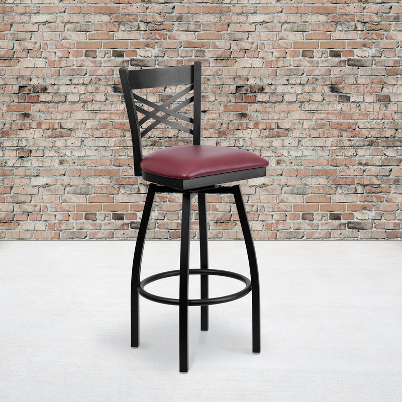 SINGLEWAVE Series Black ''X'' Back Swivel Metal Barstool - Burgundy Vinyl Seat