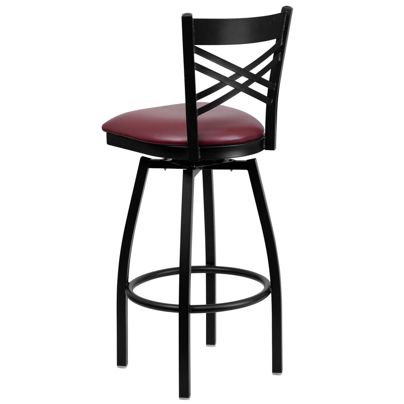 SINGLEWAVE Series Black ''X'' Back Swivel Metal Barstool - Burgundy Vinyl Seat