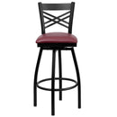 SINGLEWAVE Series Black ''X'' Back Swivel Metal Barstool - Burgundy Vinyl Seat