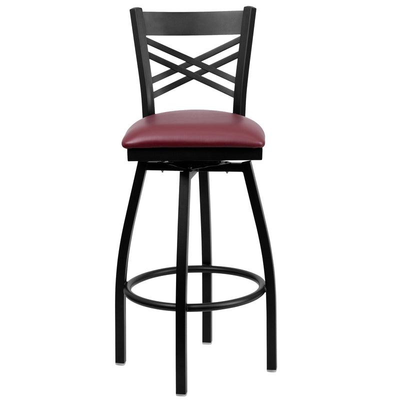 SINGLEWAVE Series Black ''X'' Back Swivel Metal Barstool - Burgundy Vinyl Seat