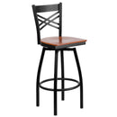 SINGLEWAVE Series Black ''X'' Back Swivel Metal Barstool - Cherry Wood Seat
