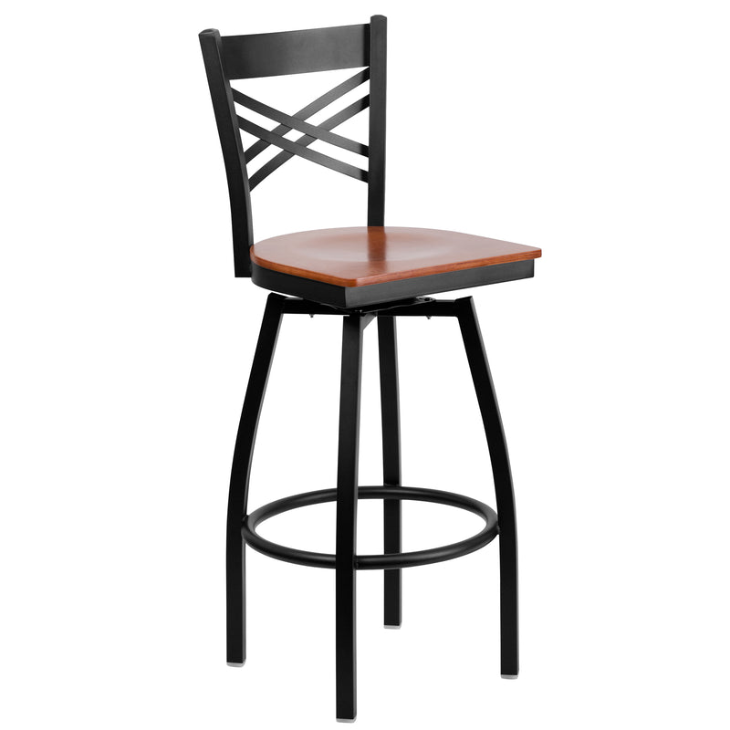 SINGLEWAVE Series Black ''X'' Back Swivel Metal Barstool - Cherry Wood Seat