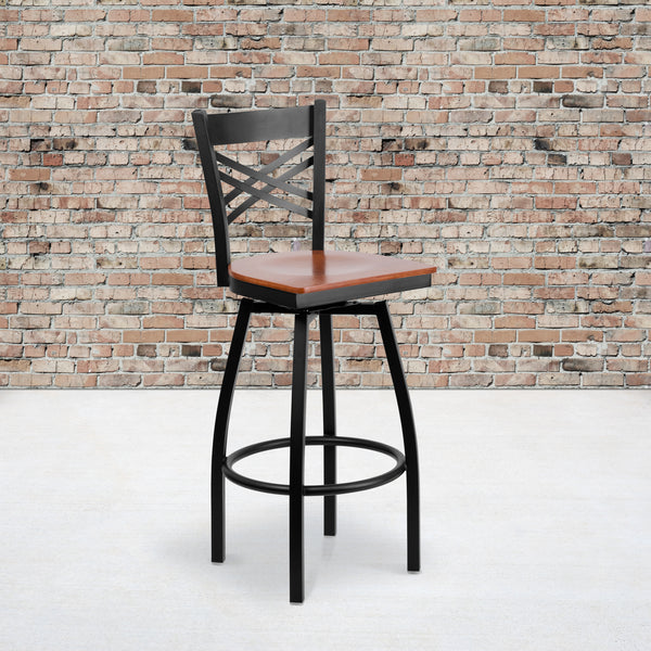 SINGLEWAVE Series Black ''X'' Back Swivel Metal Barstool - Cherry Wood Seat