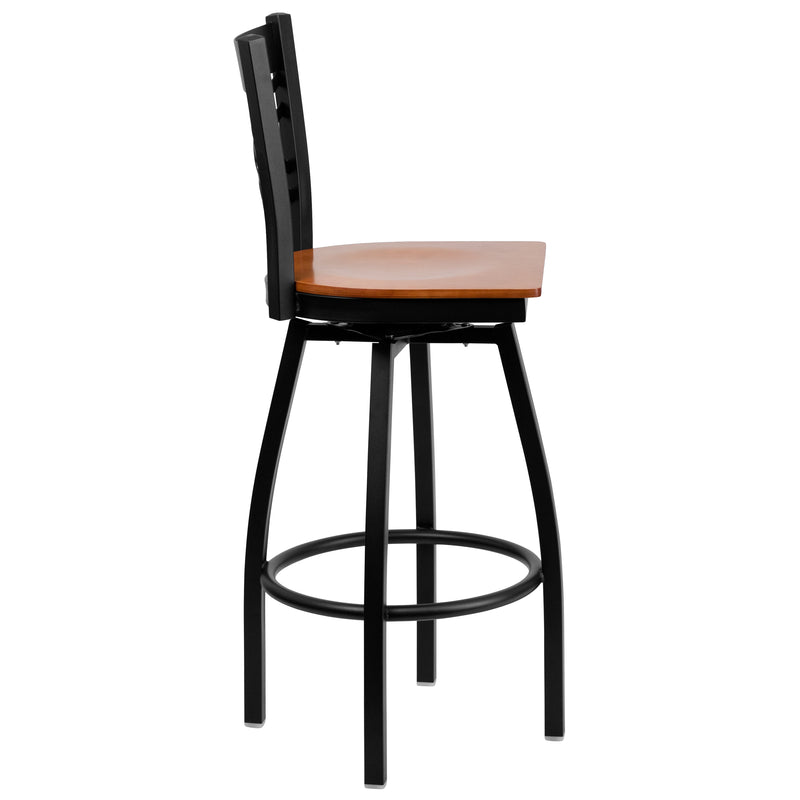 SINGLEWAVE Series Black ''X'' Back Swivel Metal Barstool - Cherry Wood Seat